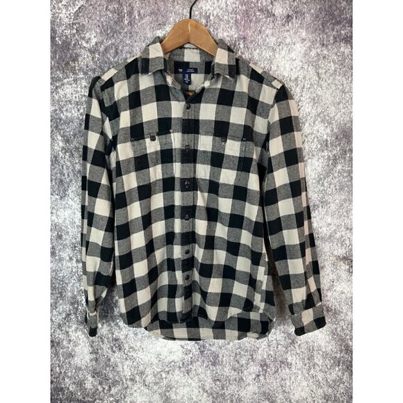 Gap Standard Fit Black White Button Down Casual Flannel Shirt Mens XS - Picture 1 of 8